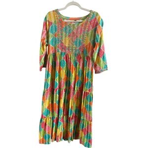 Rainbow Colored Woman's Midi Dress Size Extra Large Gold Embroidery Resort Beach